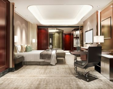 3d rendering red luxury bedroom suite in resort high rise hotel with working table